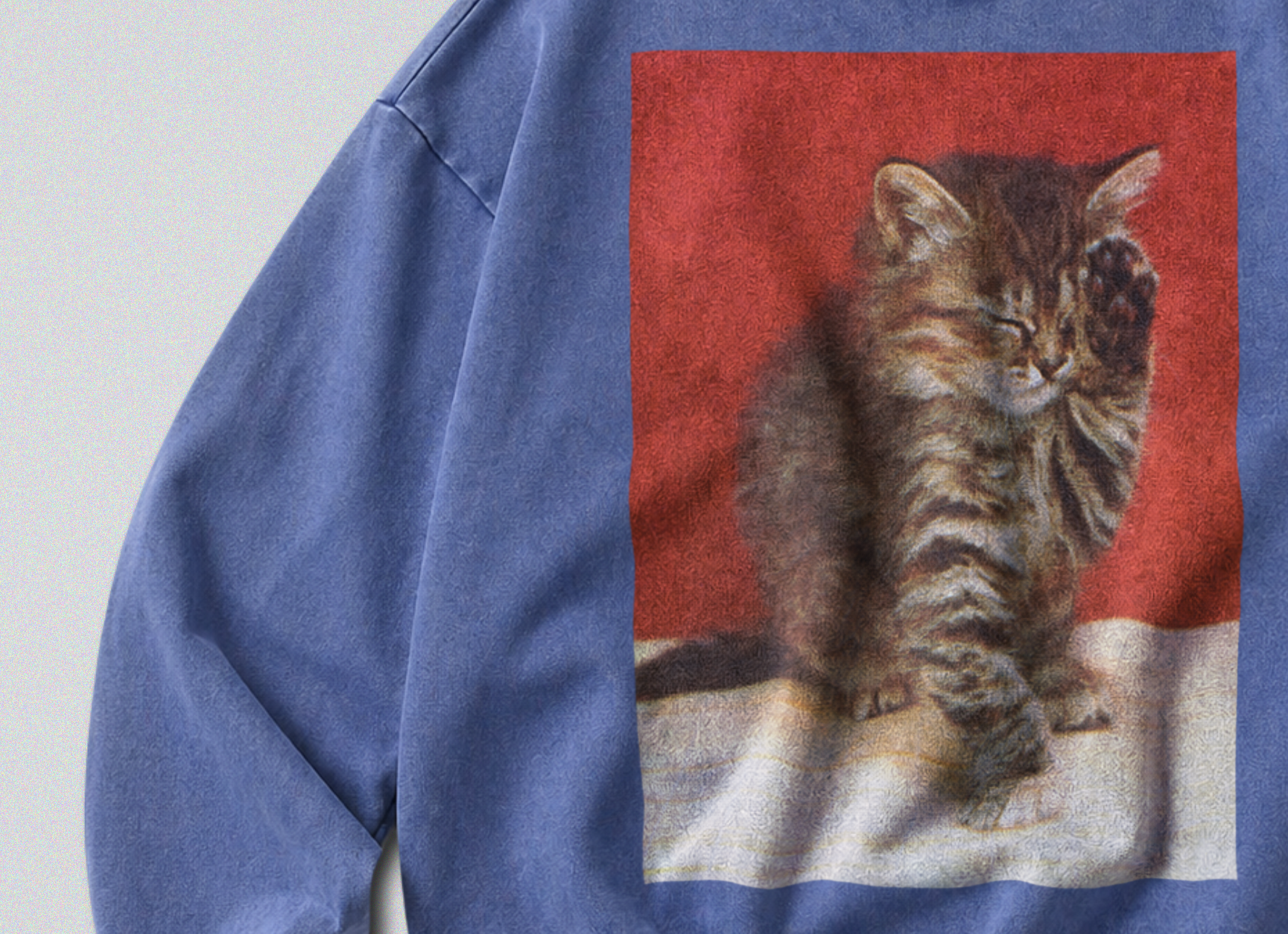 Oversized Snow Washed Cotton Sweatshirt - Cute Sleepy Kitten Print