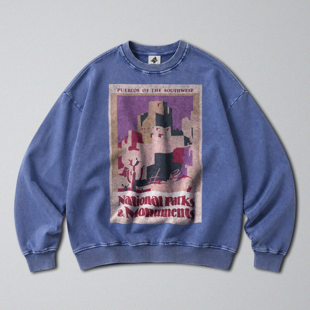 Oversized Snow Washed Cotton Sweatshirt - Pueblos of the Southwest Print