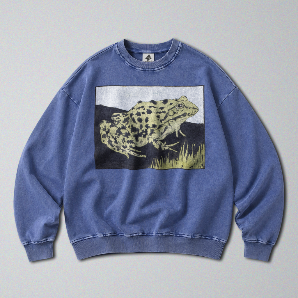 Oversized Snow Washed Cotton Sweatshirt - Spotted Bullfrog Print