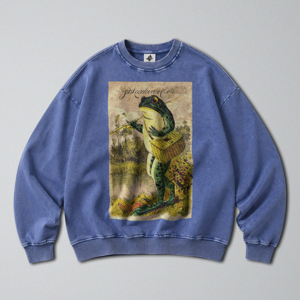 Oversized Snow Washed Cotton Sweatshirt - Frog Going Fishing Print