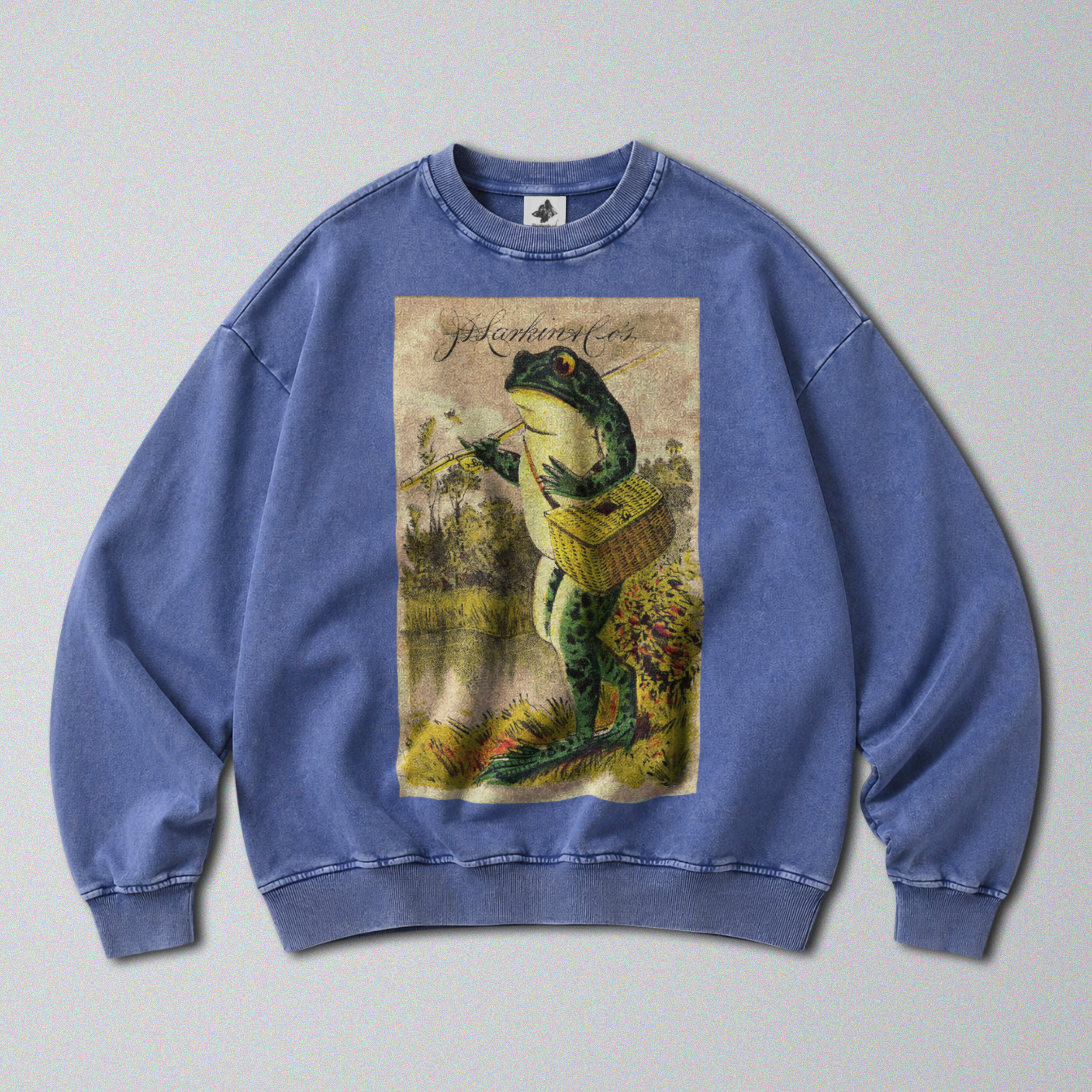 Oversized Snow Washed Cotton Sweatshirt - Frog Going Fishing Print