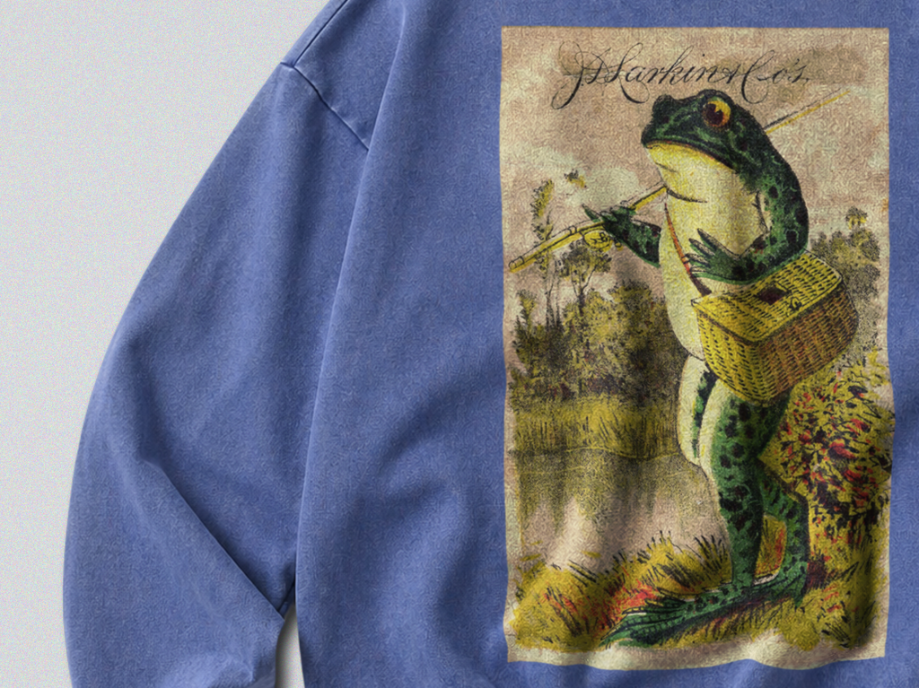 Oversized Snow Washed Cotton Sweatshirt - Frog Going Fishing Print