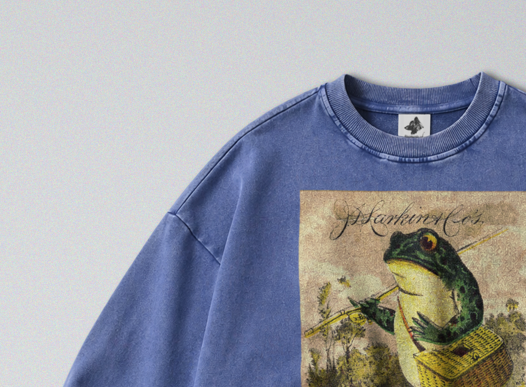Oversized Snow Washed Cotton Sweatshirt - Frog Going Fishing Print