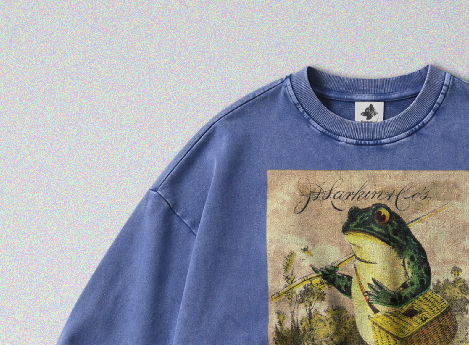 Oversized Snow Washed Cotton Sweatshirt - Frog Going Fishing Print