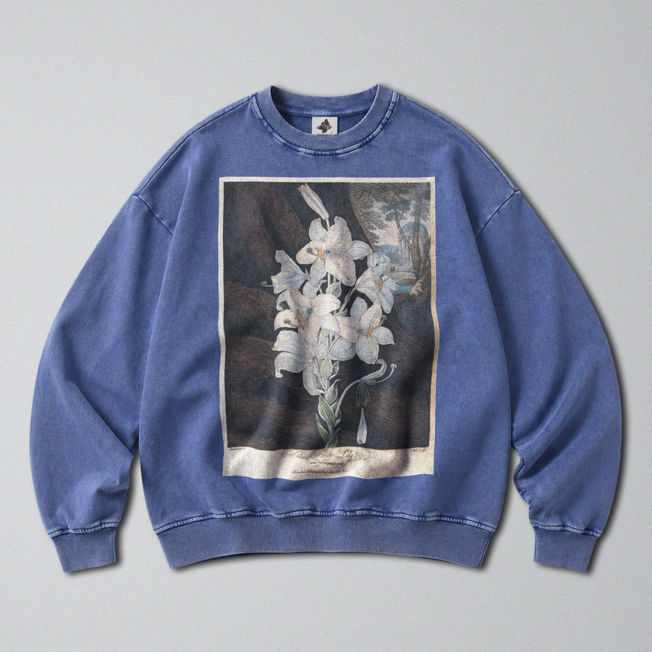 Oversized Snow Washed Cotton Sweatshirt - White Lily Flower Print