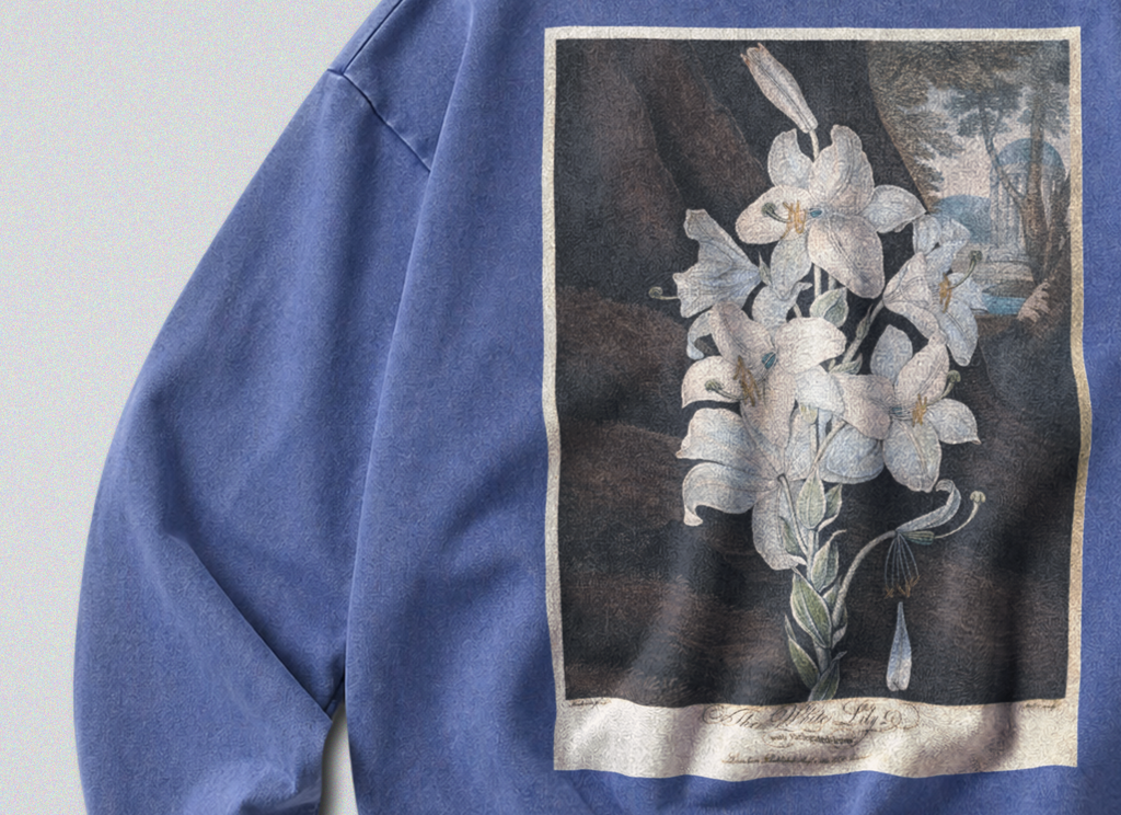 Oversized Snow Washed Cotton Sweatshirt - White Lily Flower Print