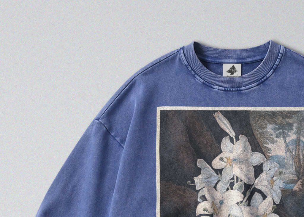 Oversized Snow Washed Cotton Sweatshirt - White Lily Flower Print
