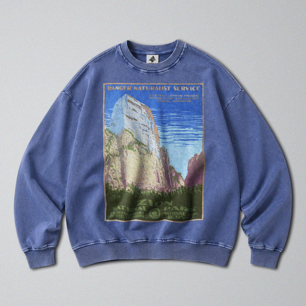 Oversized Snow Washed Cotton Sweatshirt - Zion National Park Print