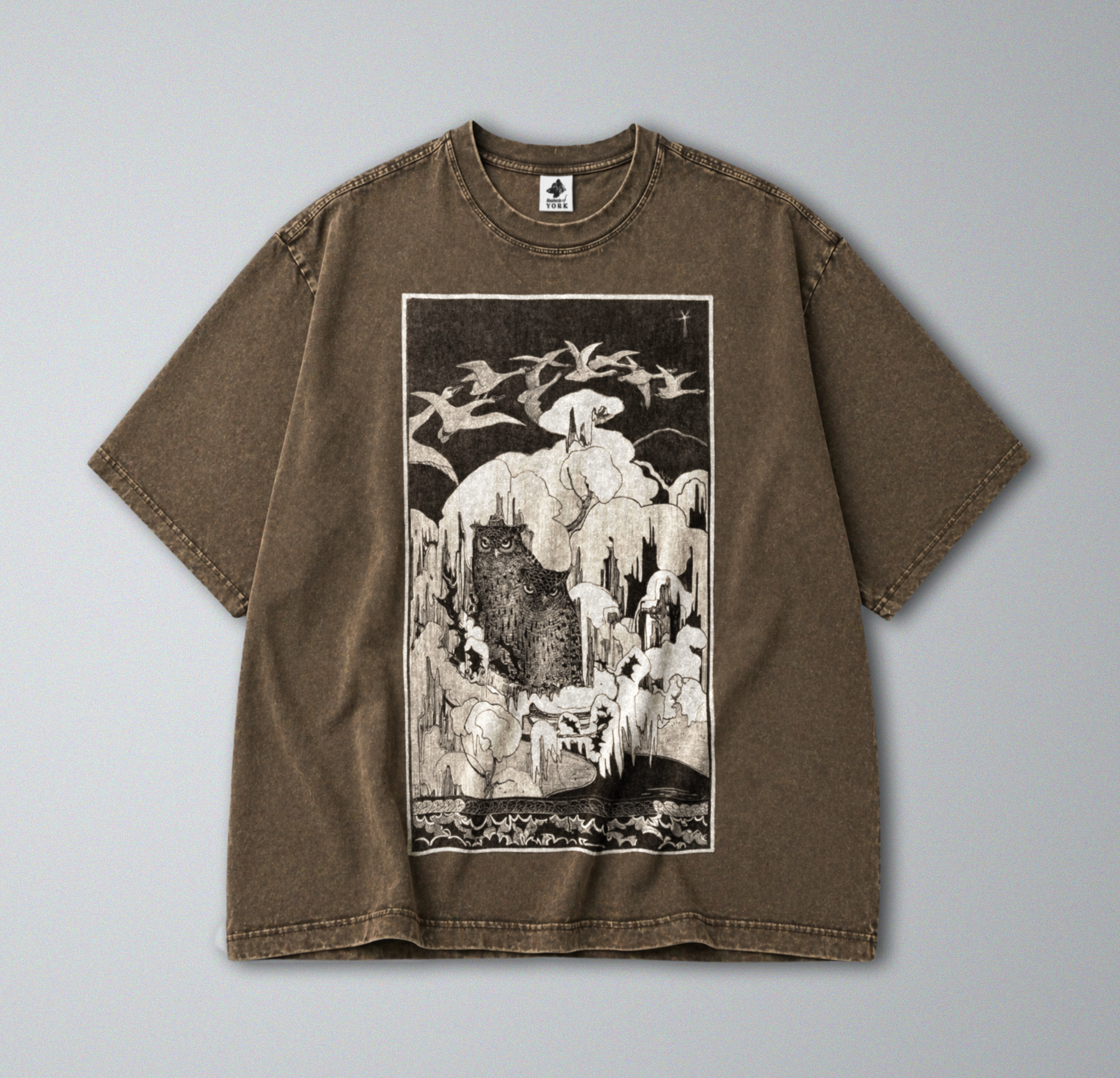 Oversized Snow Washed Cotton Tee - Black & White Owls in Snow Print