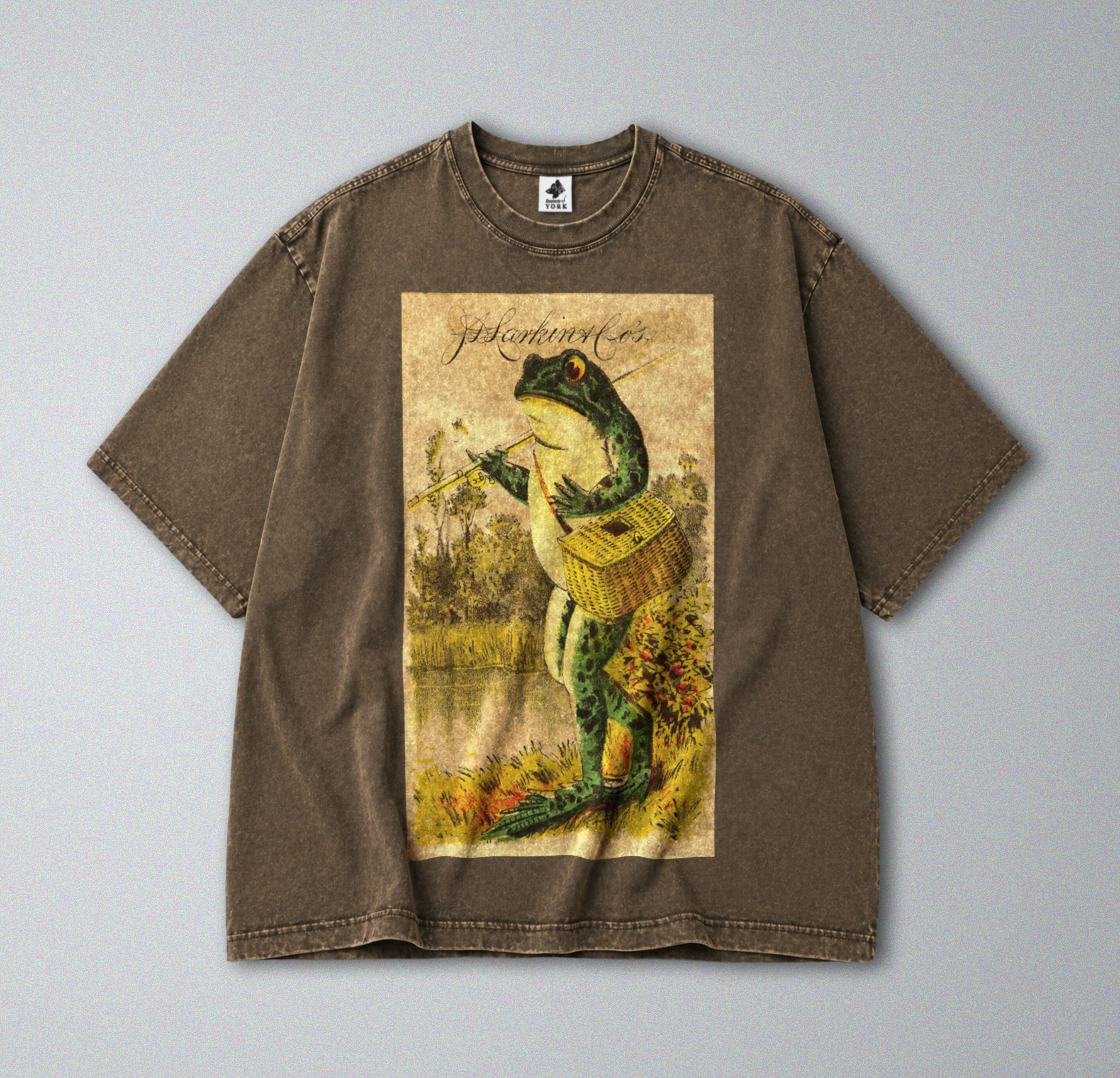 Oversized Snow Washed Cotton Tee - Frog Going Fishing Print
