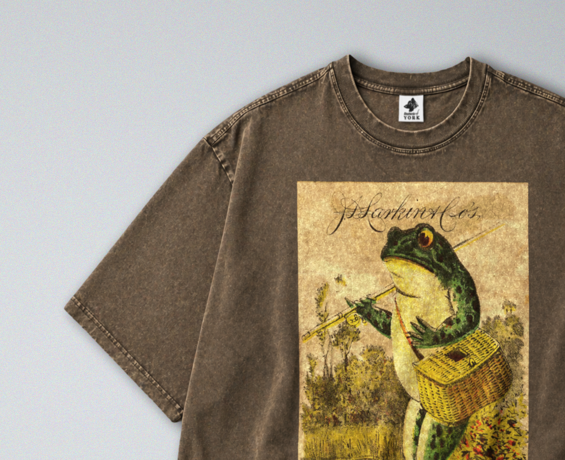 Oversized Snow Washed Cotton Tee - Frog Going Fishing Print