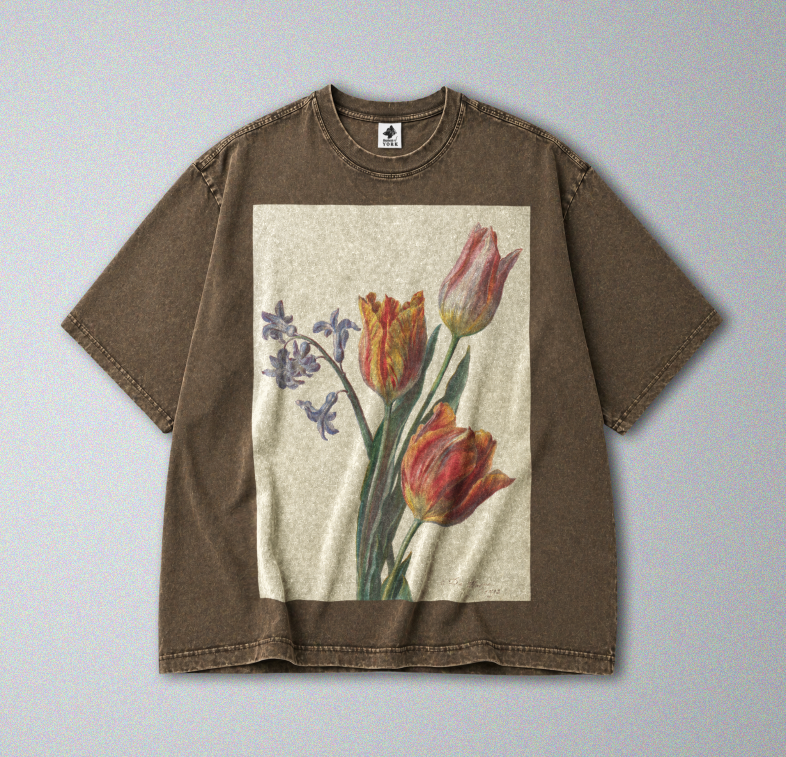 Oversized Snow Washed Cotton Tee - Tulips Flower Print