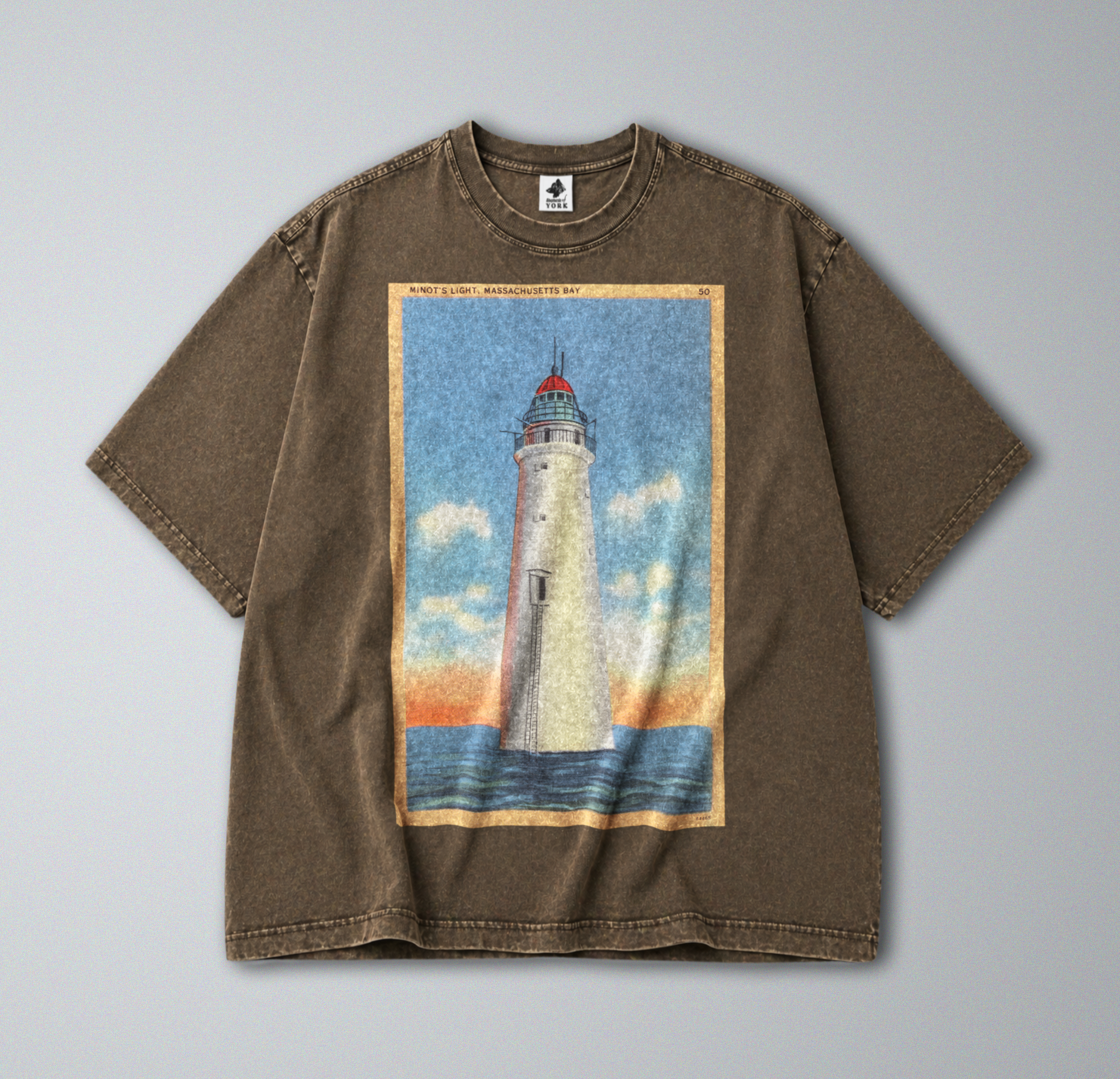 Oversized Snow Washed Cotton Tee - Lighthouse at Sea Print