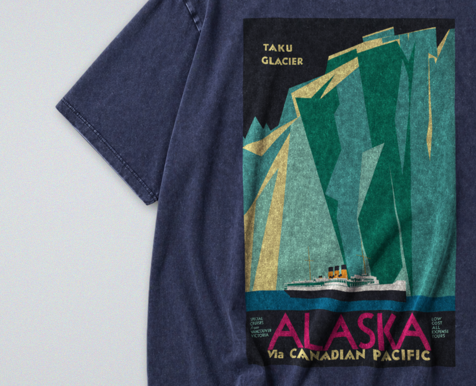 Oversized Snow Washed Cotton Tee - Alaskan Glaciers and Ocean Liner Print