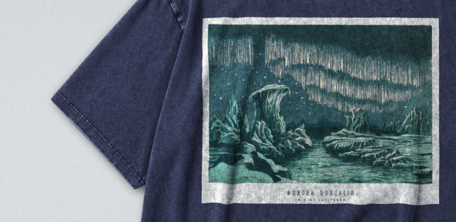 Oversized Snow Washed Cotton Tee - Arctic Aurora Borealis (Northern Lights) Print