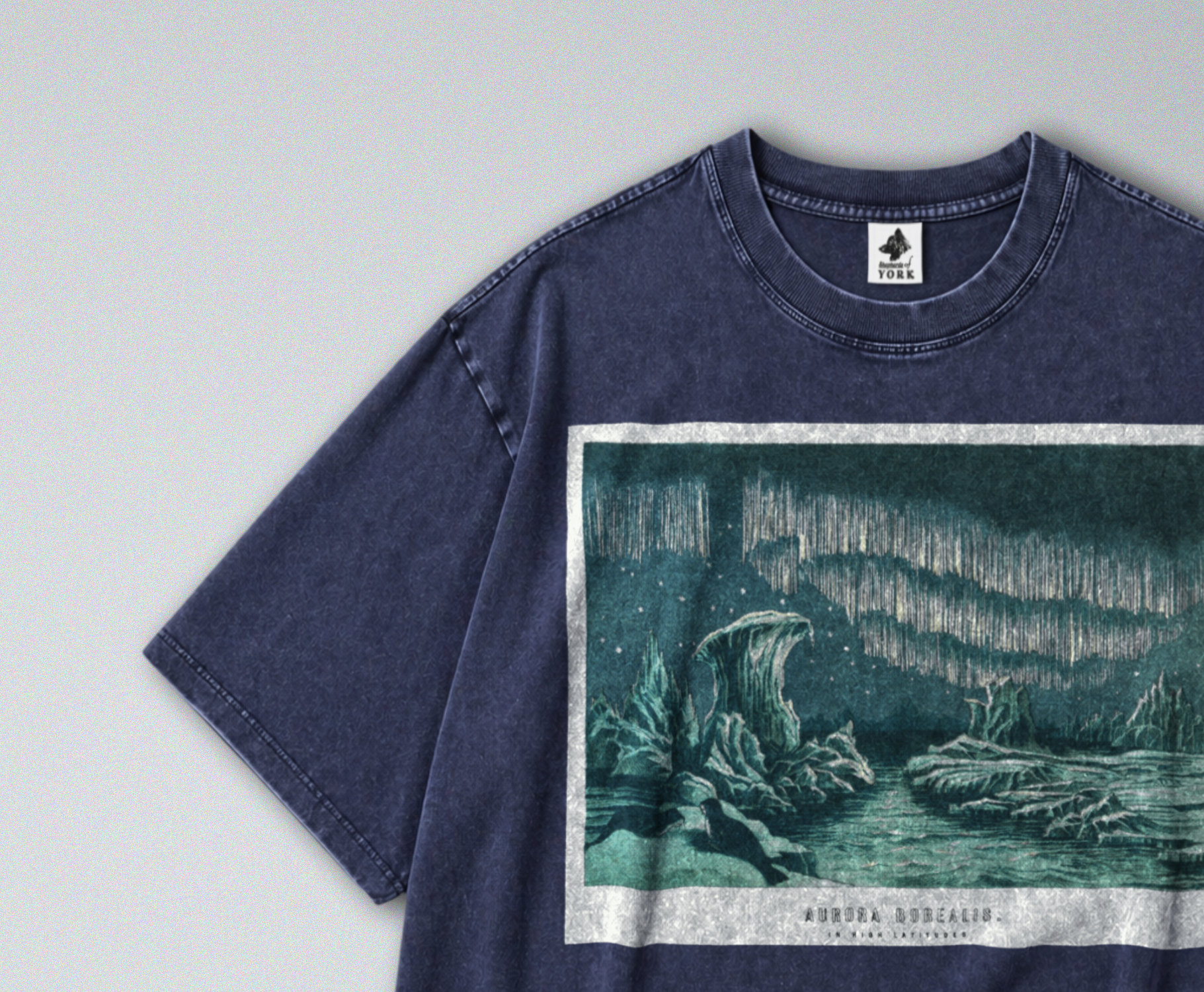 Oversized Snow Washed Cotton Tee - Arctic Aurora Borealis (Northern Lights) Print
