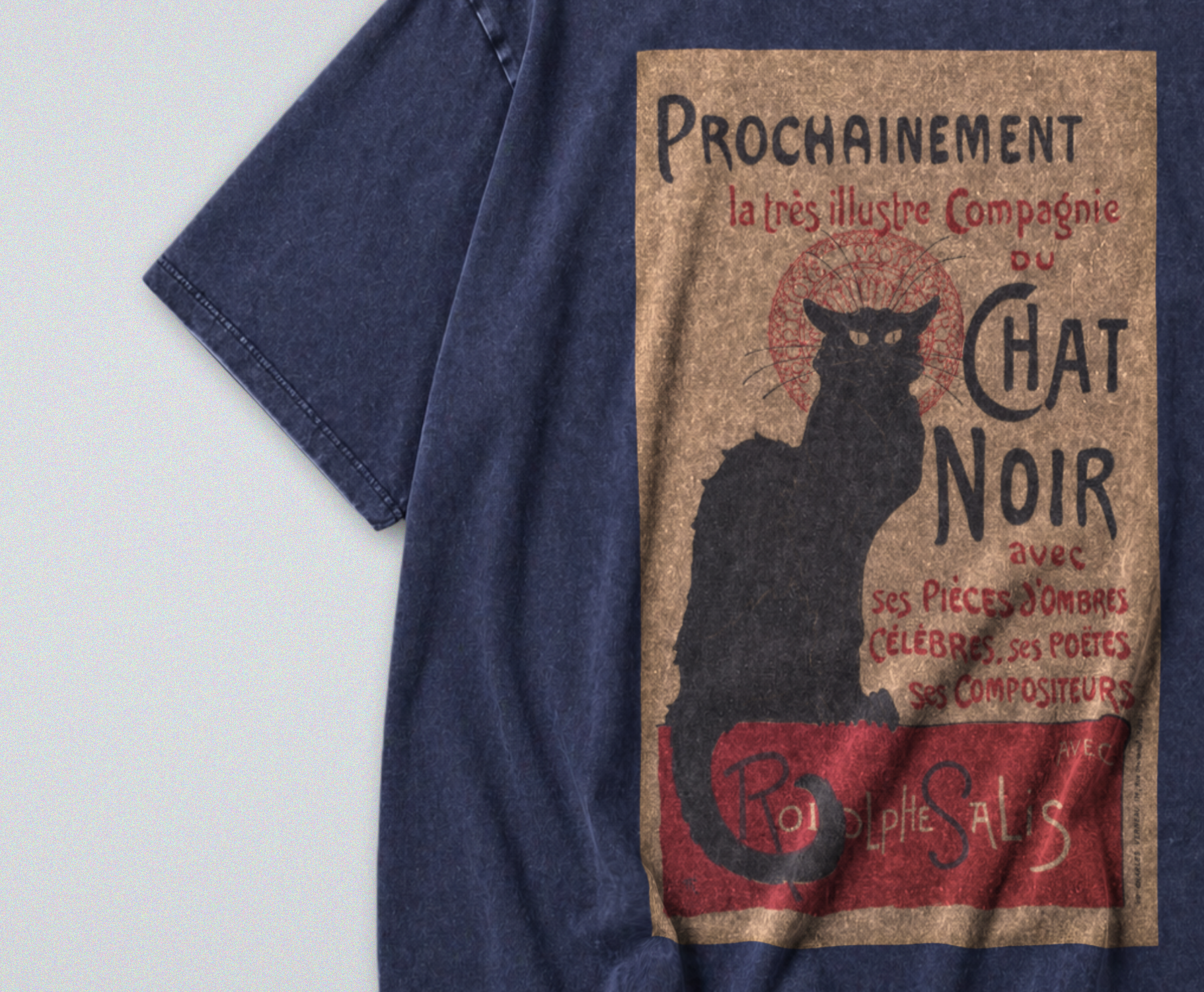 Oversized Snow Washed Cotton Tee - Art Nouveau Chat Noir Print