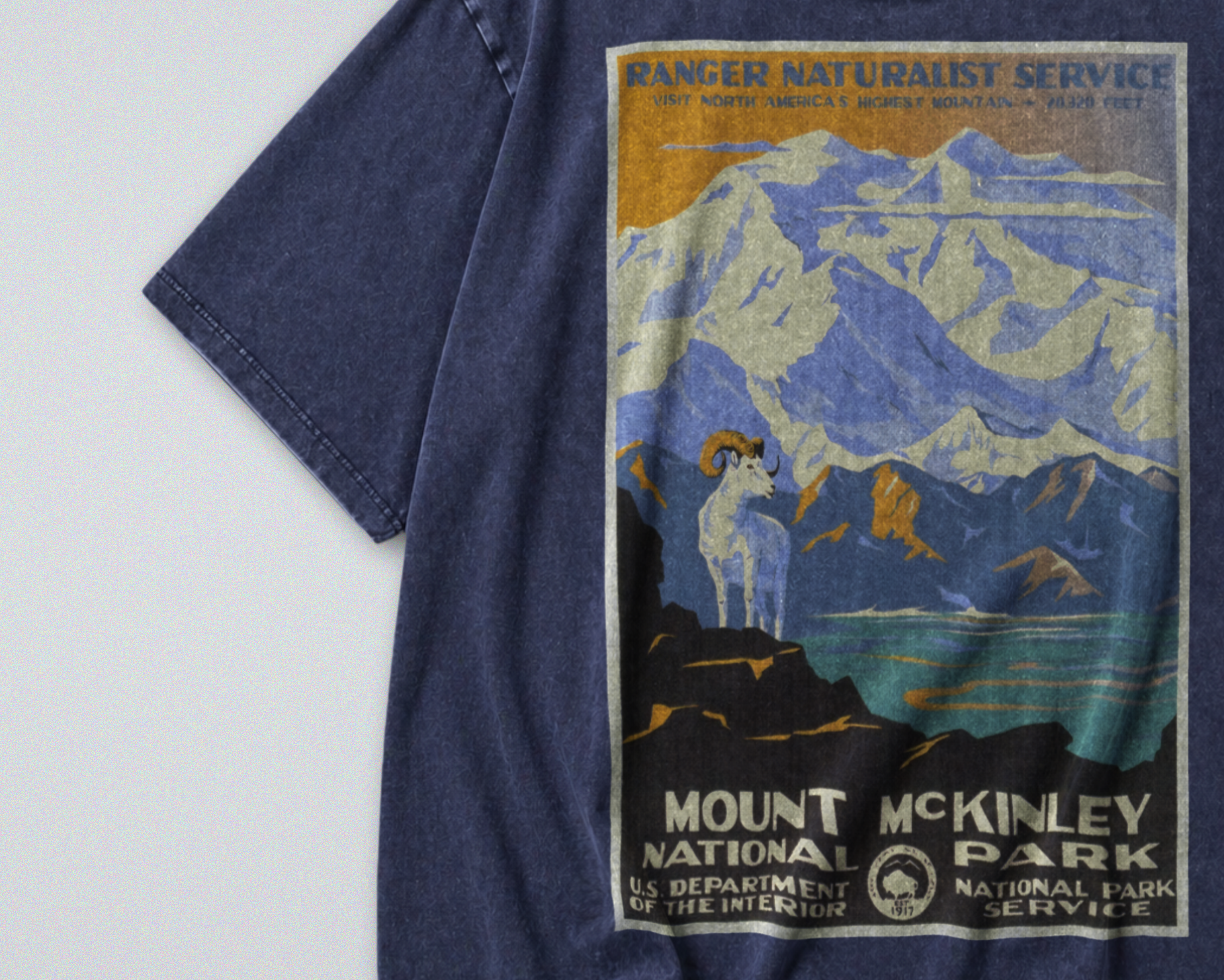 Oversized Snow Washed Cotton Tee - Denali National Park & Mt McKinley Print