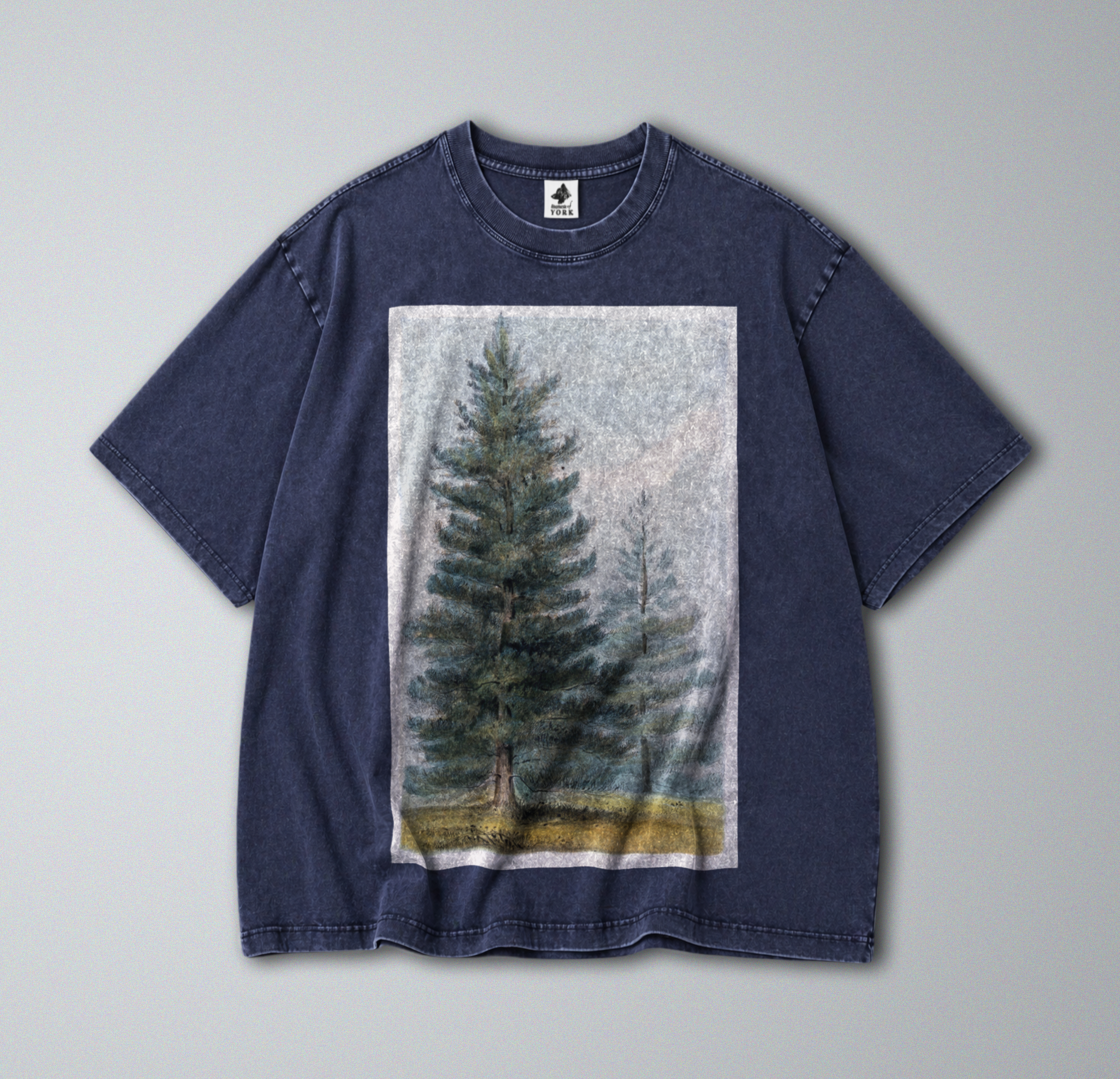 Oversized Snow Washed Cotton Tee - Pine tree forest Print