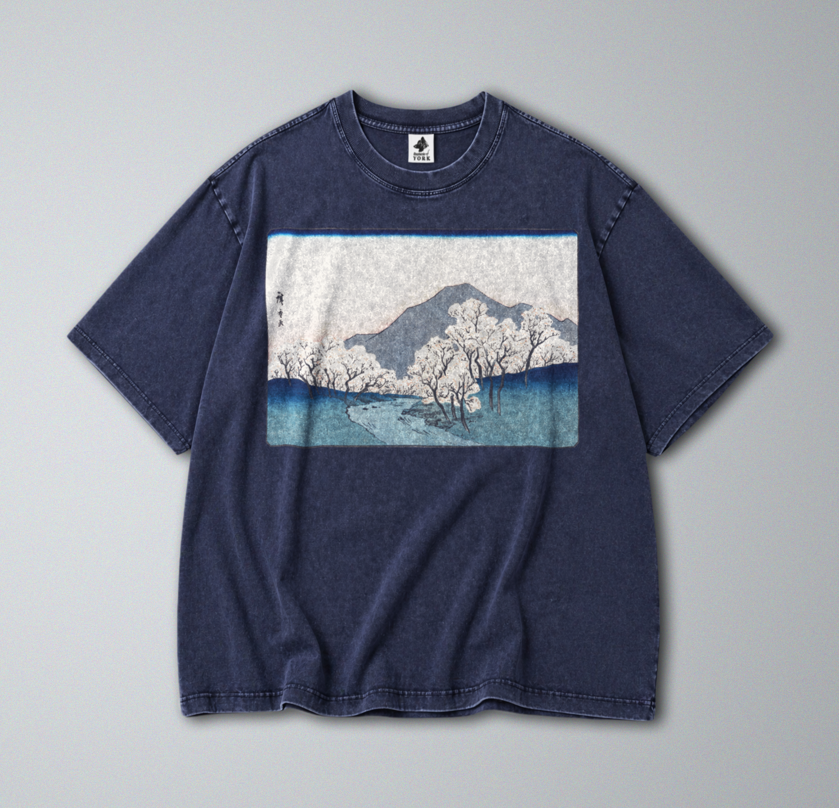Oversized Snow Washed Cotton Tee - Japanese Sakura Mountain Print