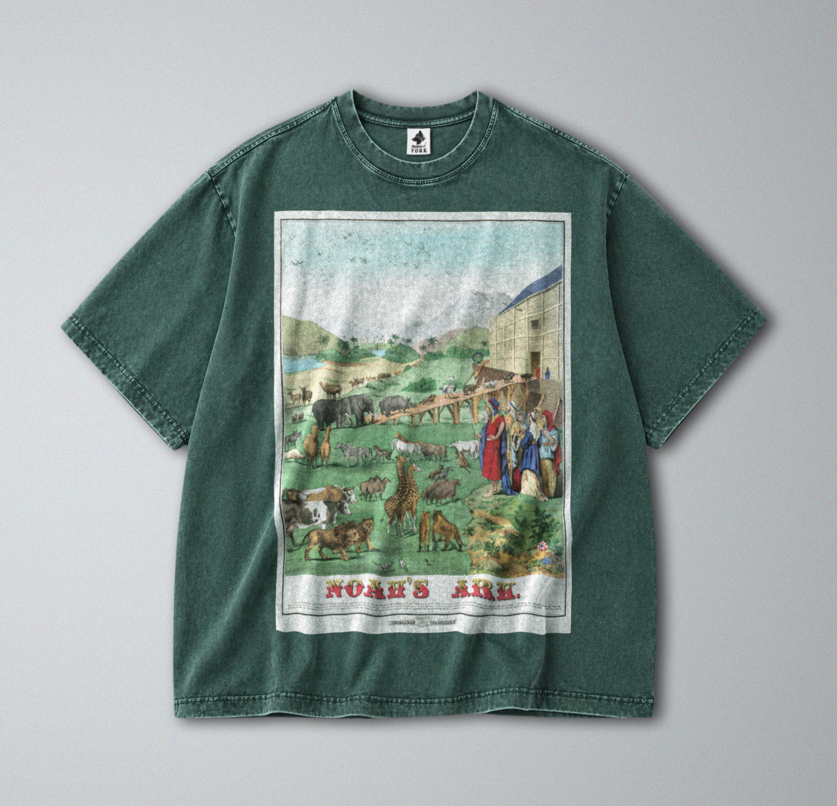 Oversized Snow Washed Cotton Tee - Illustration of Noah's Ark Print