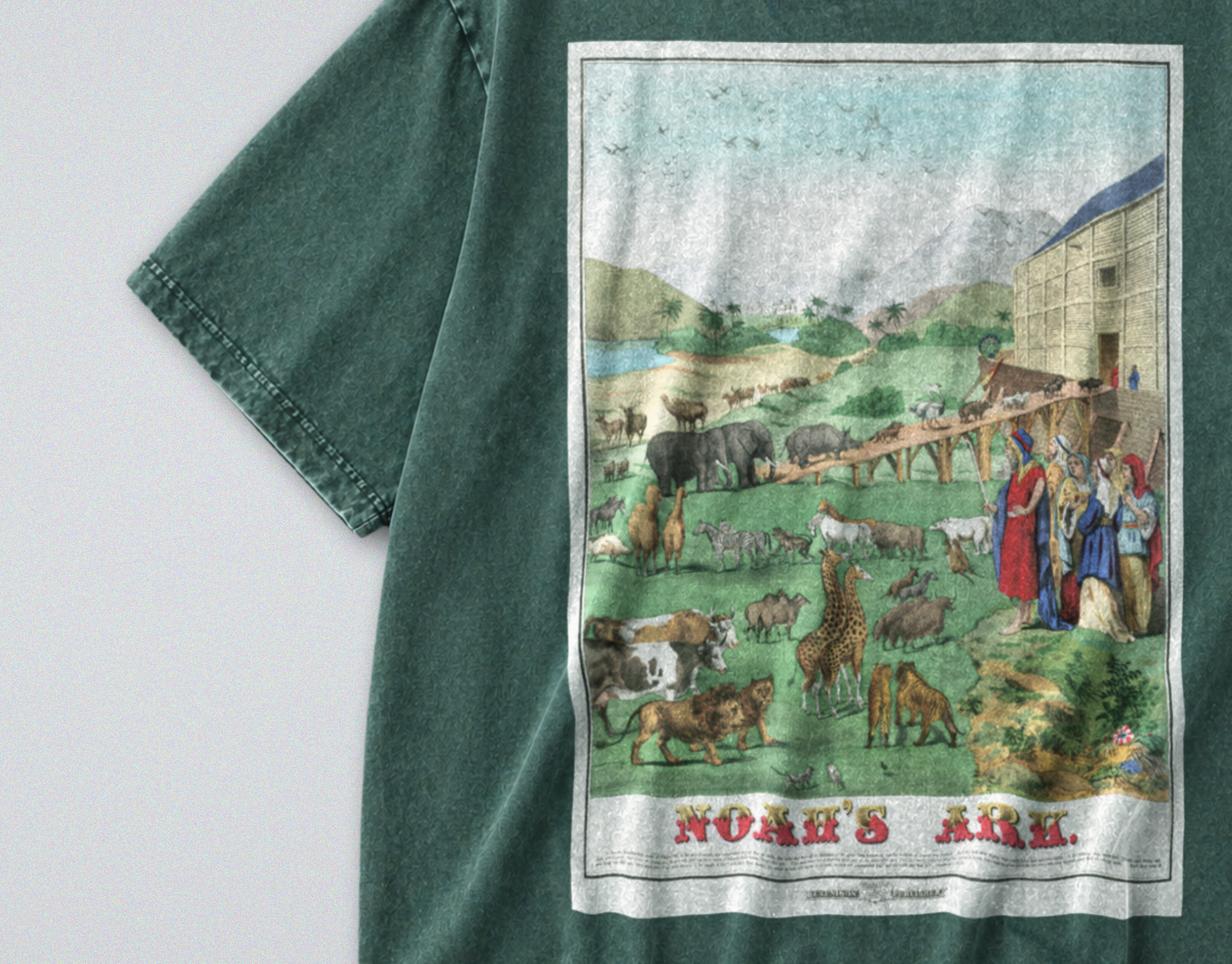 Oversized Snow Washed Cotton Tee - Illustration of Noah's Ark Print