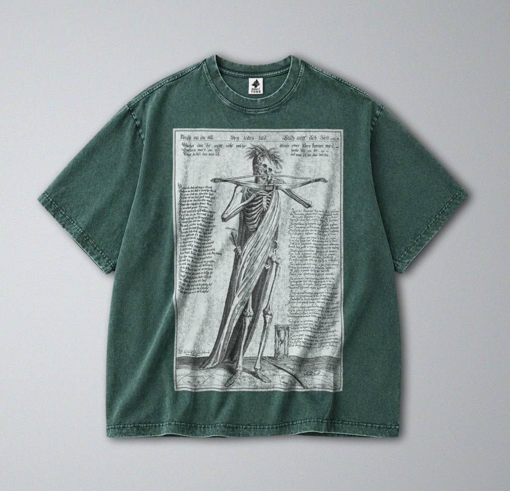 Oversized Snow Washed Cotton Tee - Gothic Skeleton with Crossbow Print