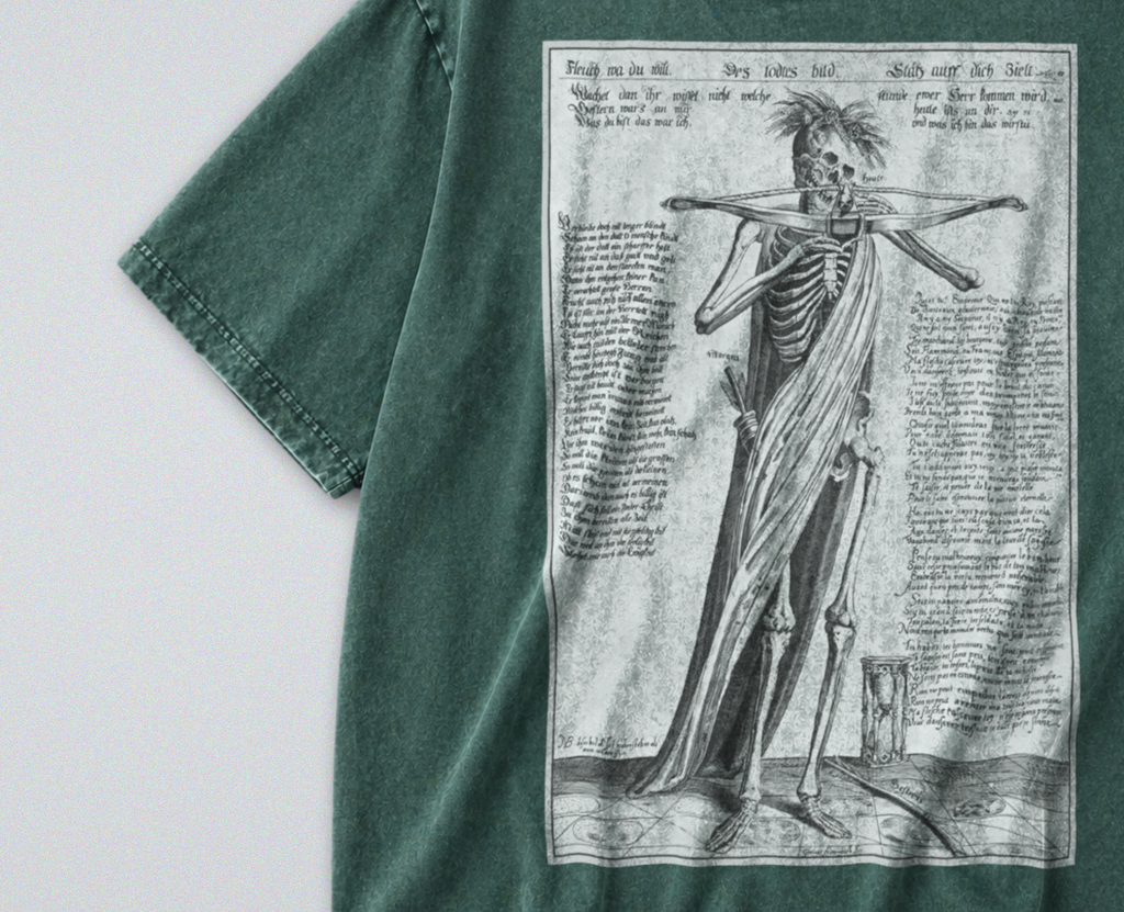 Oversized Snow Washed Cotton Tee - Gothic Skeleton with Crossbow Print