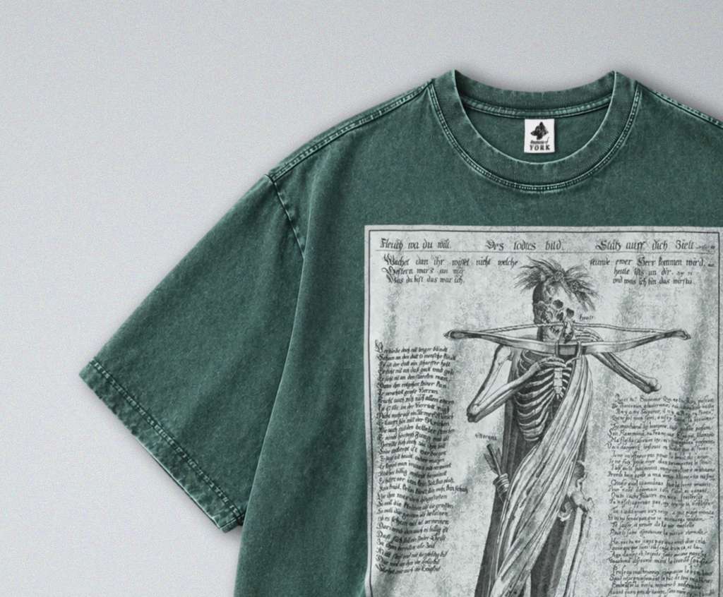 Oversized Snow Washed Cotton Tee - Gothic Skeleton with Crossbow Print