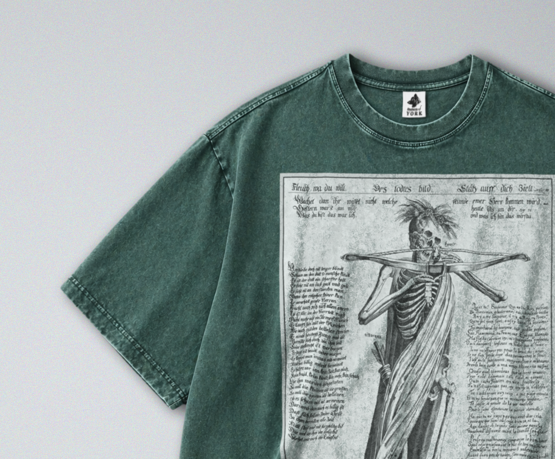 Oversized Snow Washed Cotton Tee - Gothic Skeleton with Crossbow Print