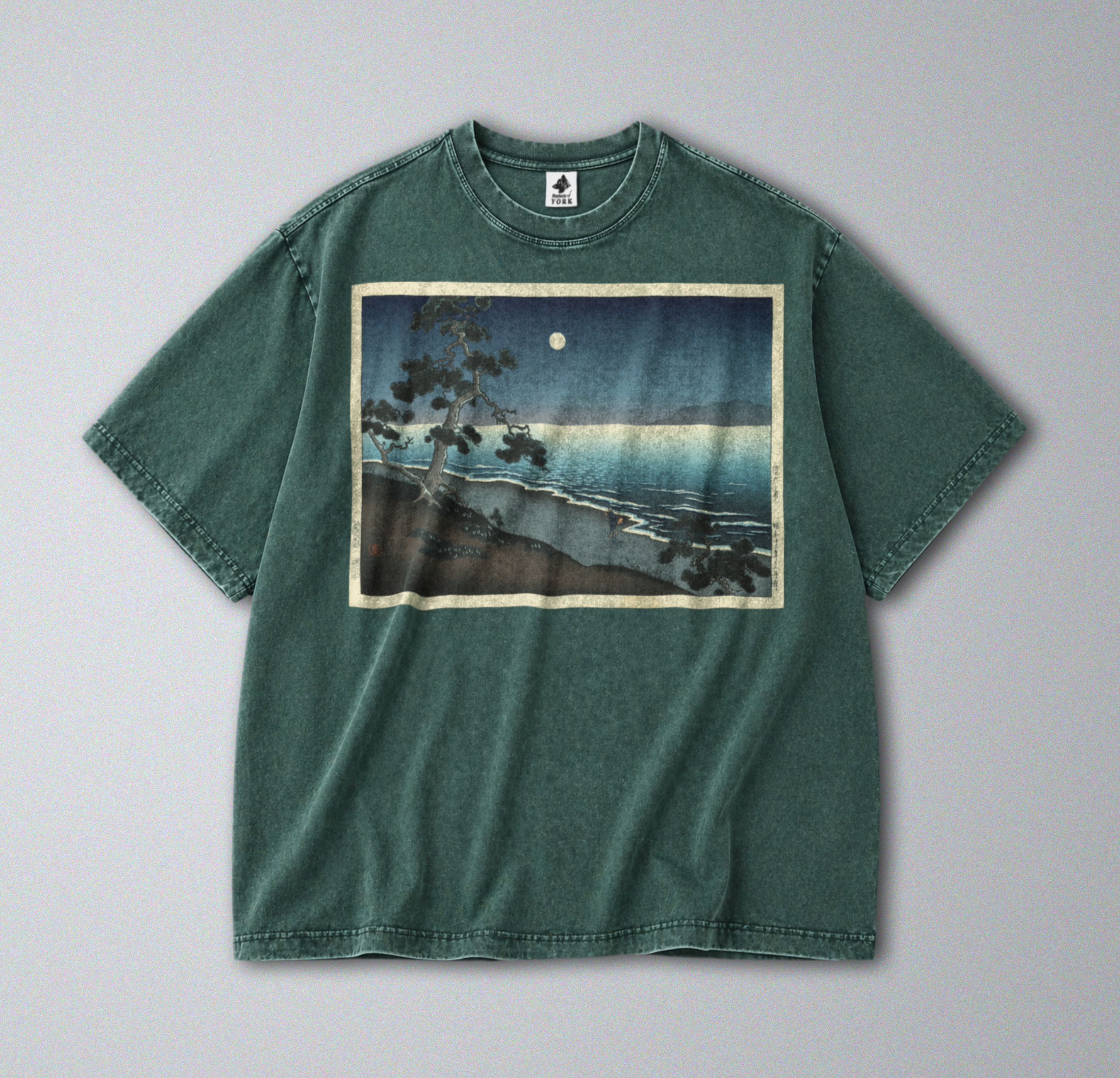 Oversized Snow Washed Cotton Tee - Japanese Beach Landscape Print