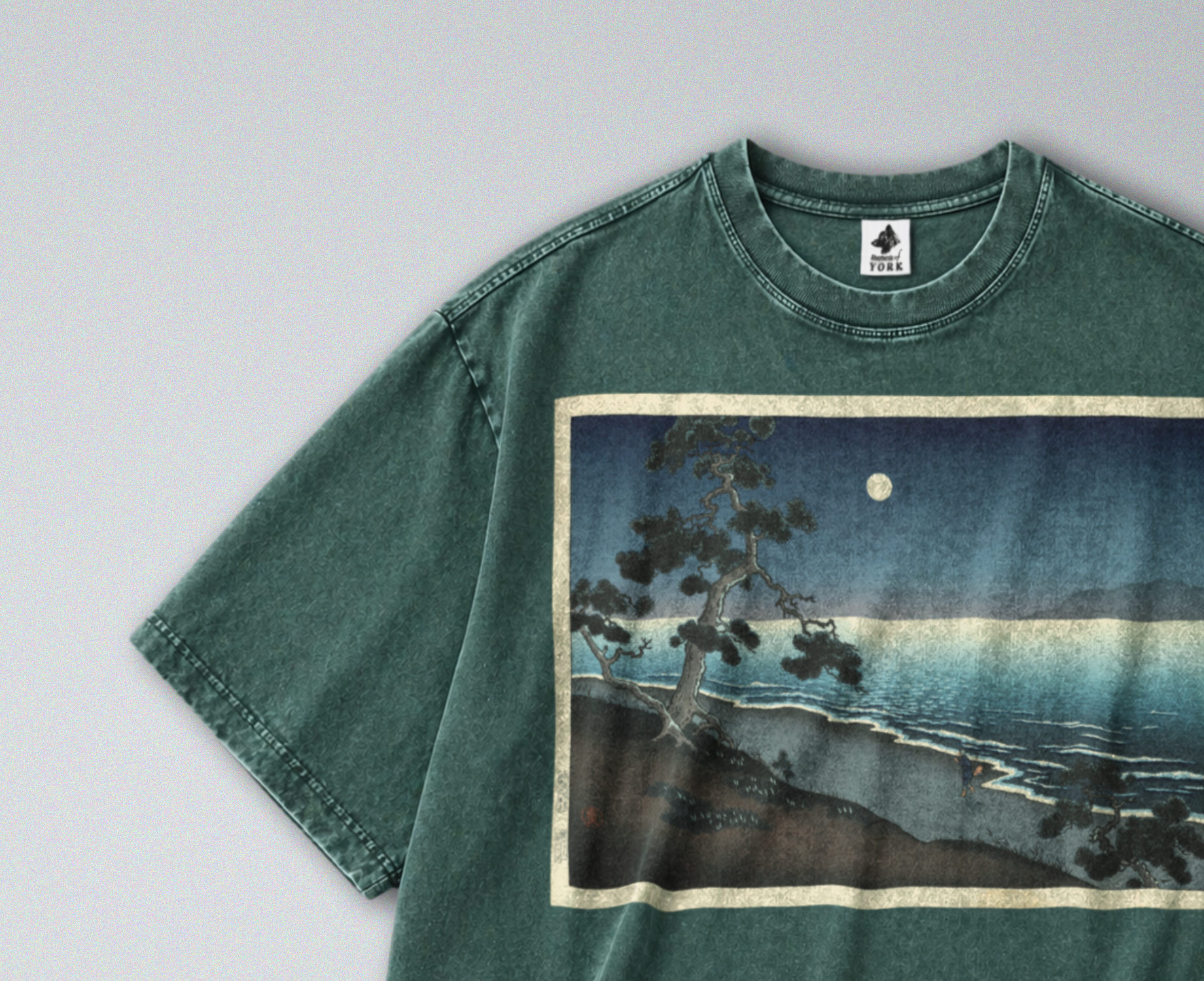 Oversized Snow Washed Cotton Tee - Japanese Beach Landscape Print