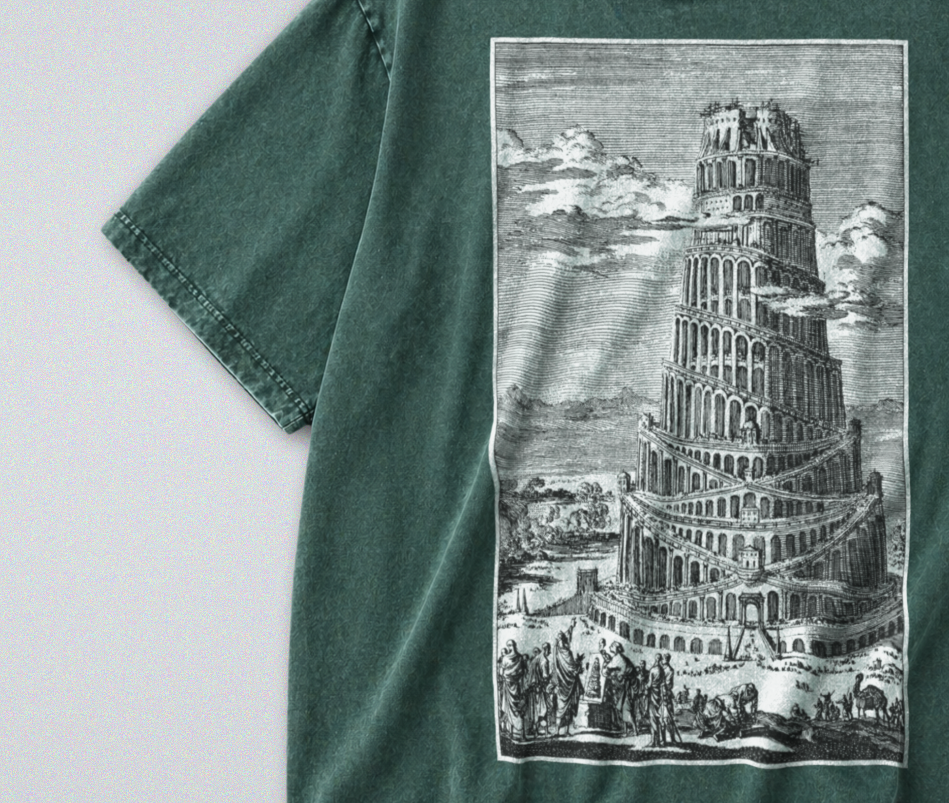 Oversized Snow Washed Cotton Tee - Tower of Babel Print