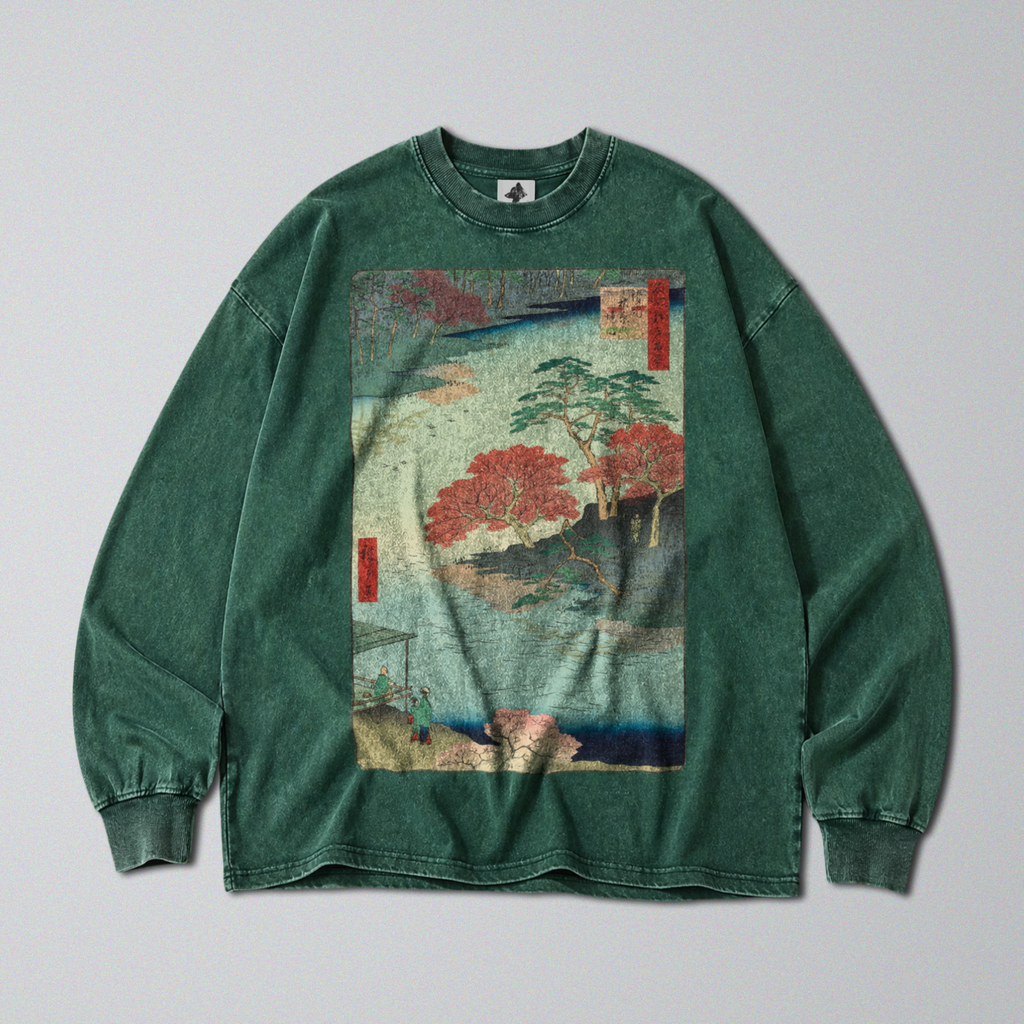 Oversized Snow Washed Long Sleeve Cotton Tee - Japanese Flowing River Print