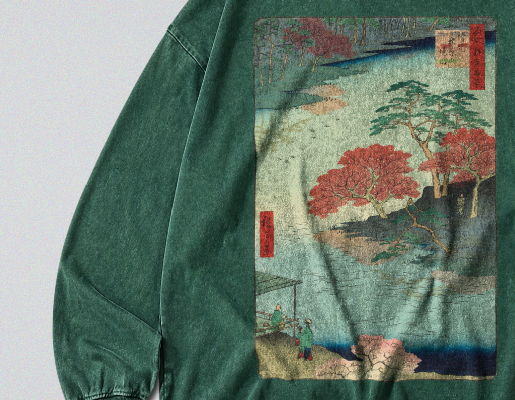 Oversized Snow Washed Long Sleeve Cotton Tee - Japanese Flowing River Print
