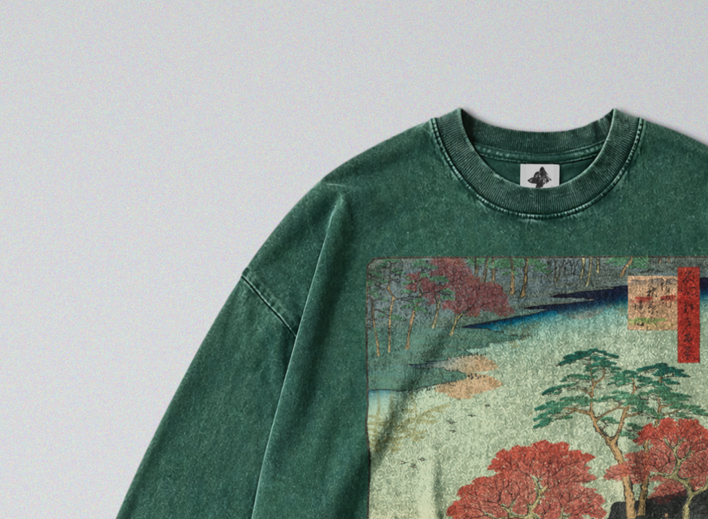 Oversized Snow Washed Long Sleeve Cotton Tee - Japanese Flowing River Print