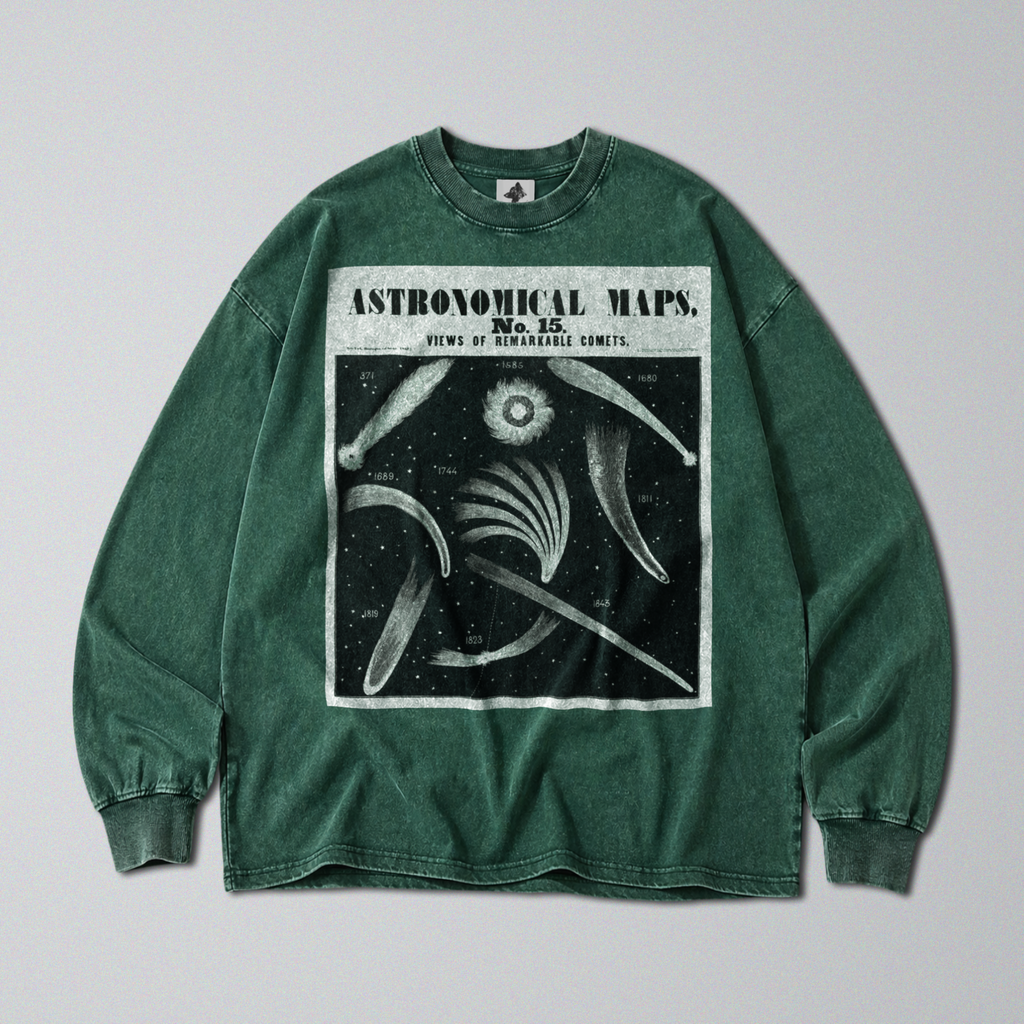 Oversized Snow Washed Long Sleeve Cotton Tee - Comet's and Shooting Stars Print