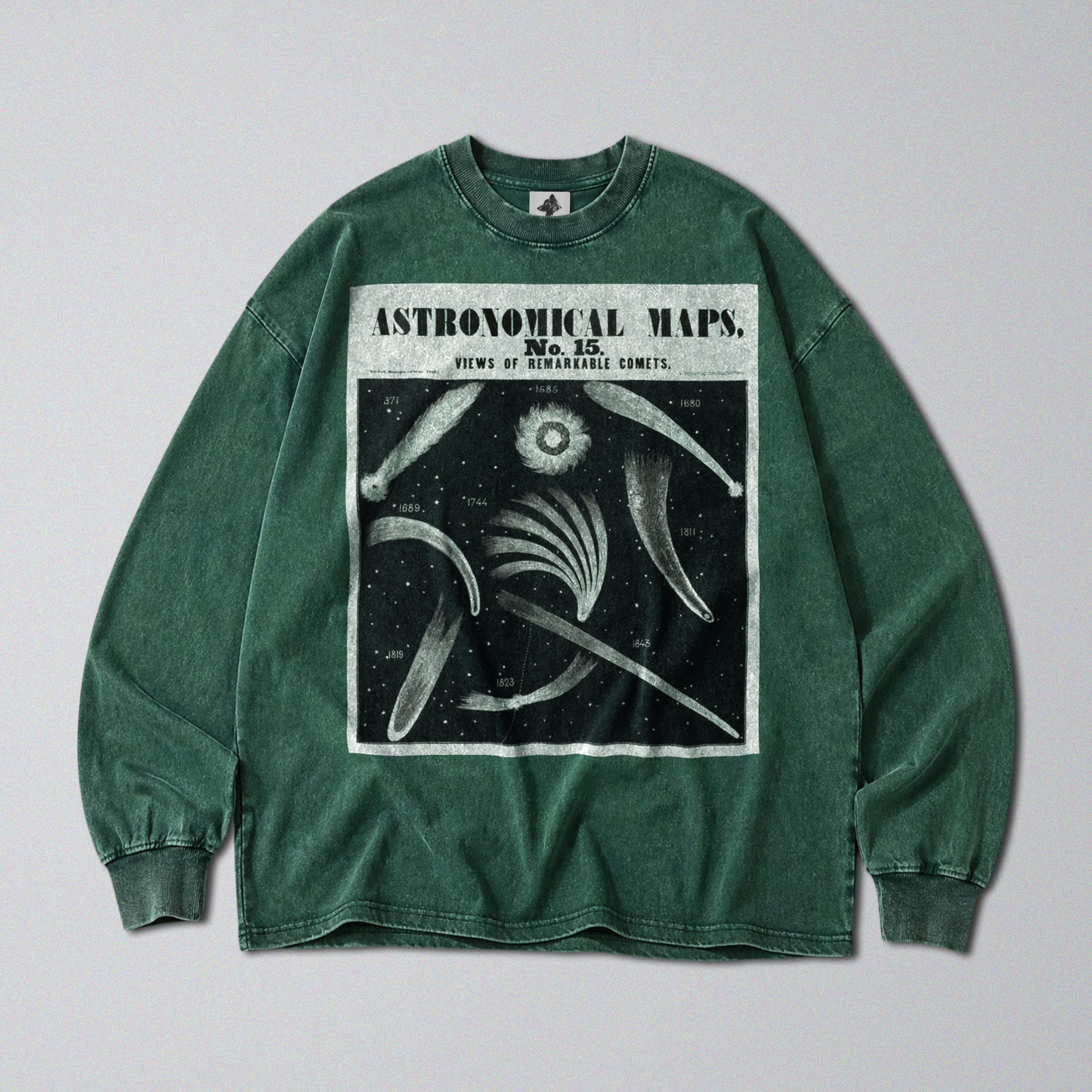 Oversized Snow Washed Long Sleeve Cotton Tee - Comet's and Shooting Stars Print