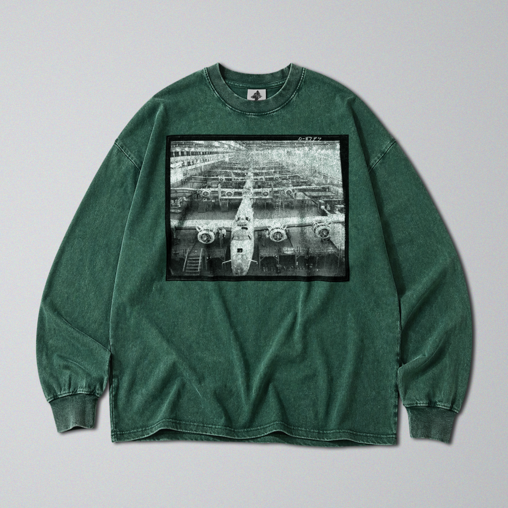 Oversized Snow Washed Long Sleeve Cotton Tee - WW2 B24 Liberator Bomber Print