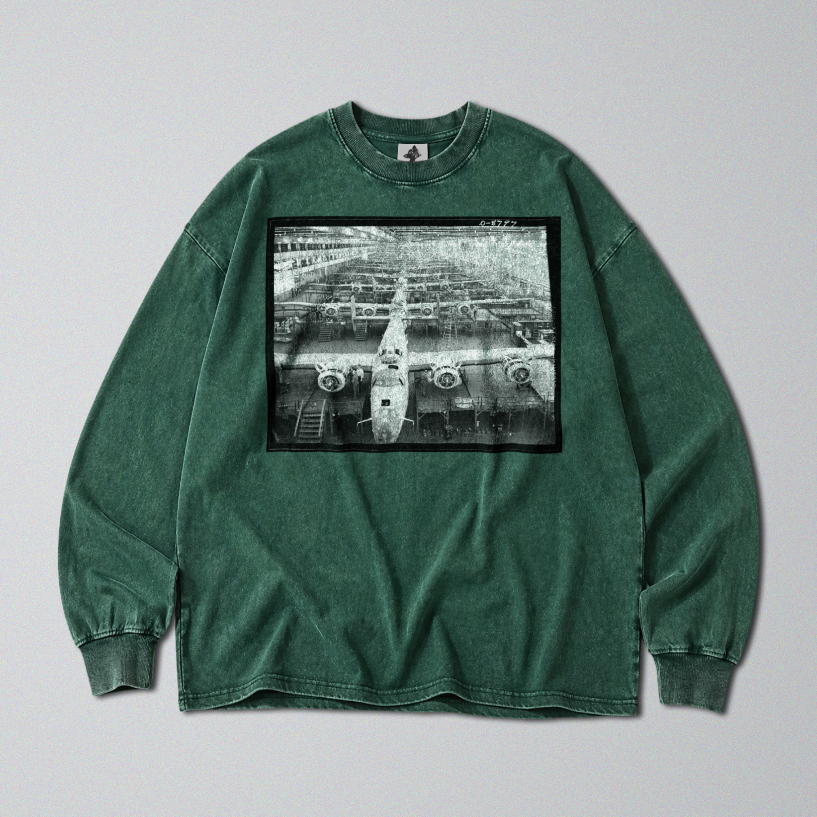 Oversized Snow Washed Long Sleeve Cotton Tee - WW2 B24 Liberator Bomber Print