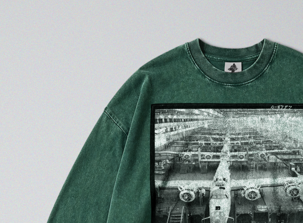 Oversized Snow Washed Long Sleeve Cotton Tee - WW2 B24 Liberator Bomber Print