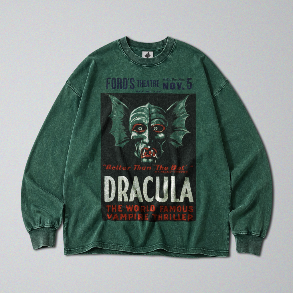 Oversized Snow Washed Long Sleeve Cotton Tee - Dracula Theatre Print