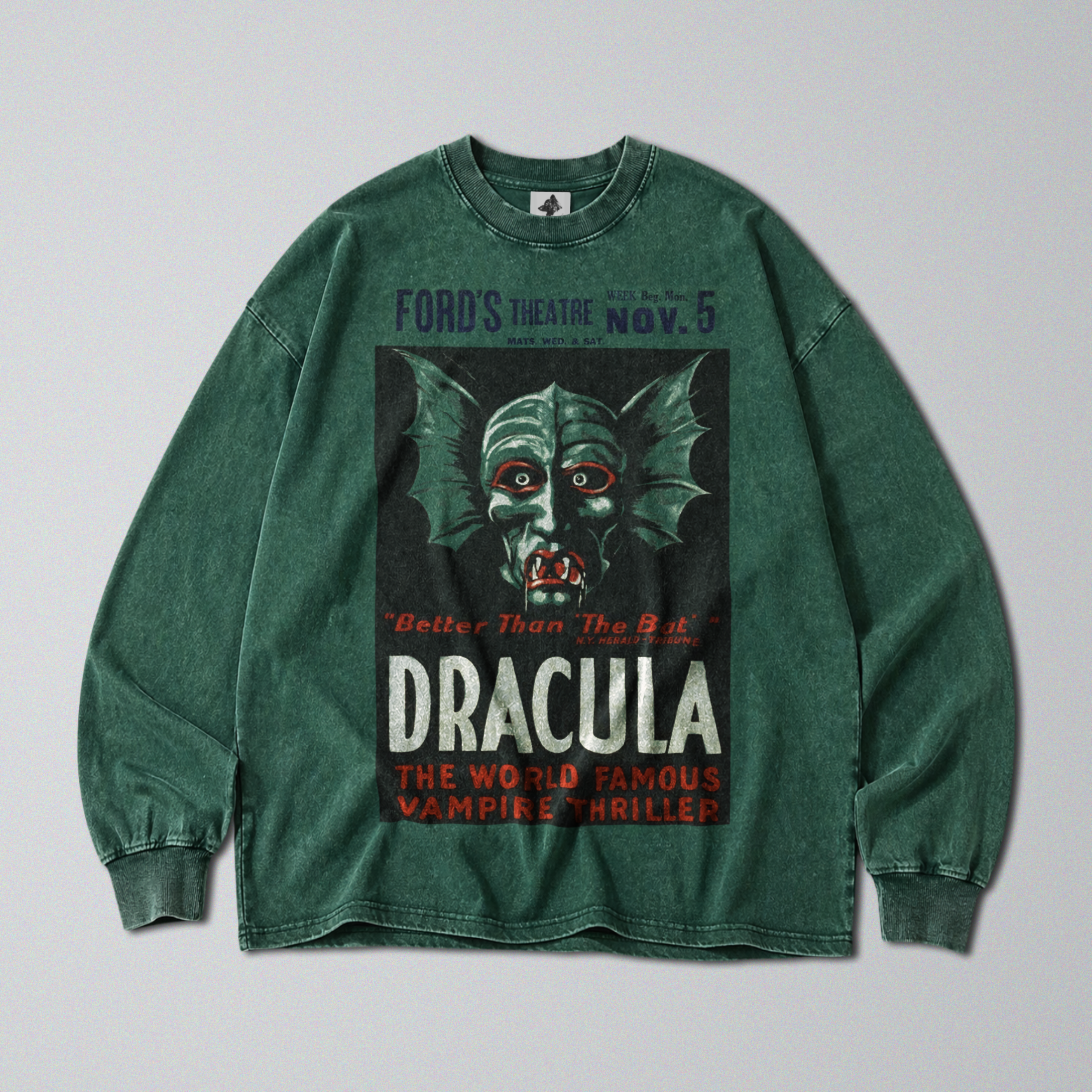 Oversized Snow Washed Long Sleeve Cotton Tee - Dracula Theatre Print