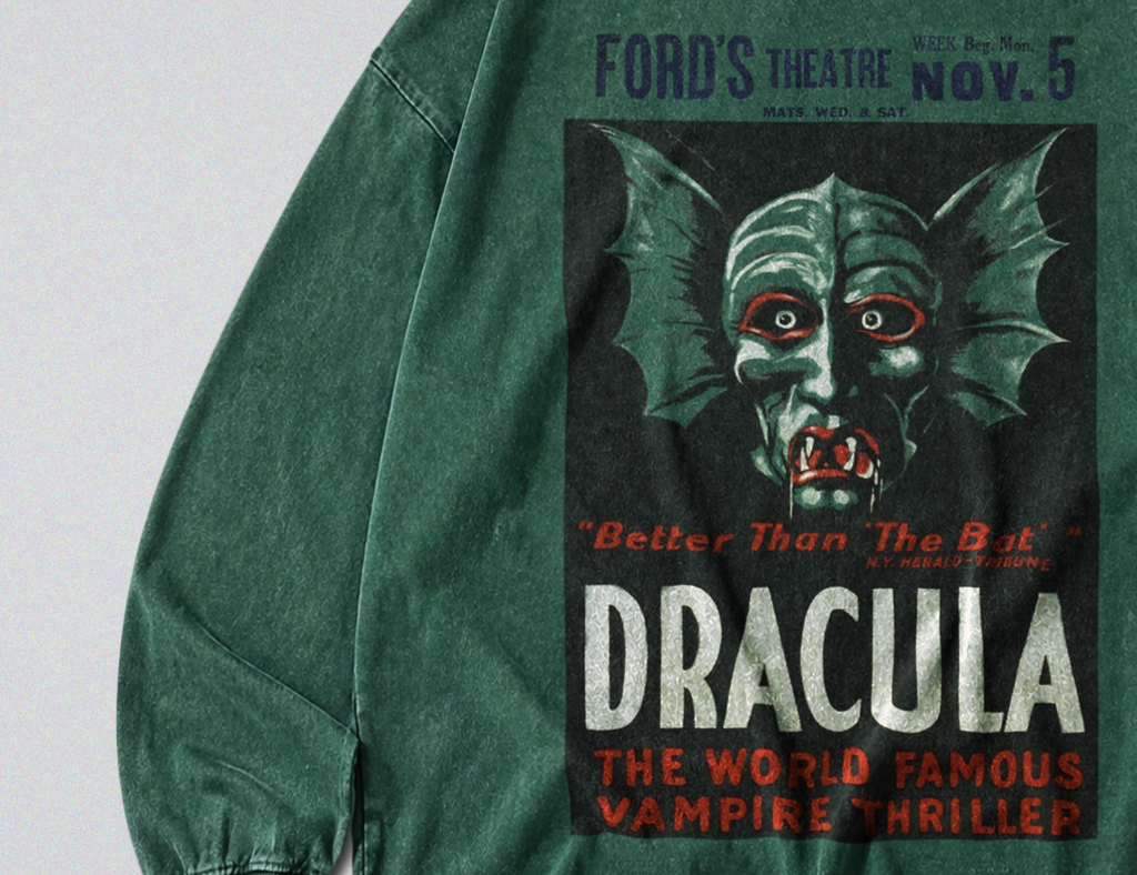 Oversized Snow Washed Long Sleeve Cotton Tee - Dracula Theatre Print