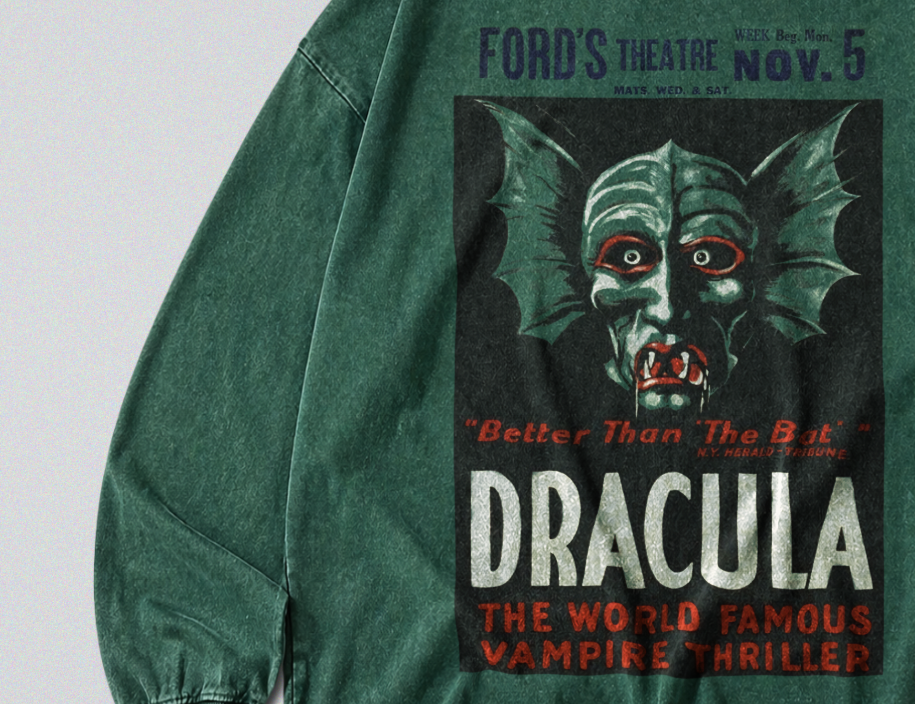 Oversized Snow Washed Long Sleeve Cotton Tee - Dracula Theatre Print
