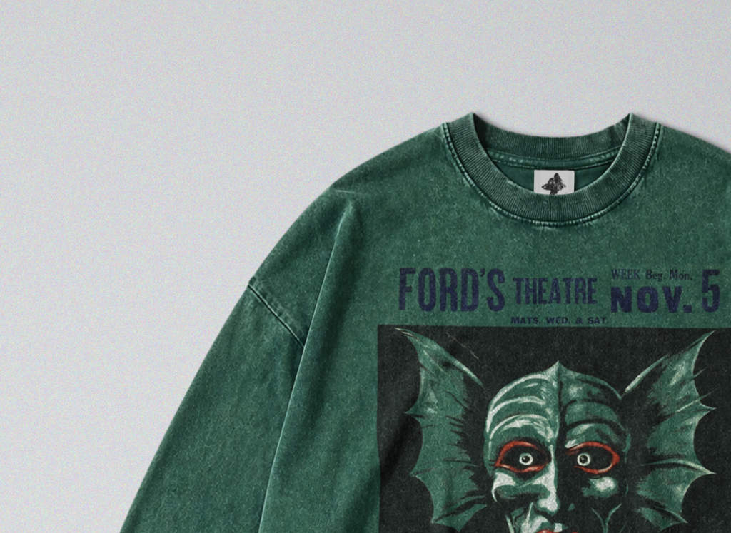 Oversized Snow Washed Long Sleeve Cotton Tee - Dracula Theatre Print