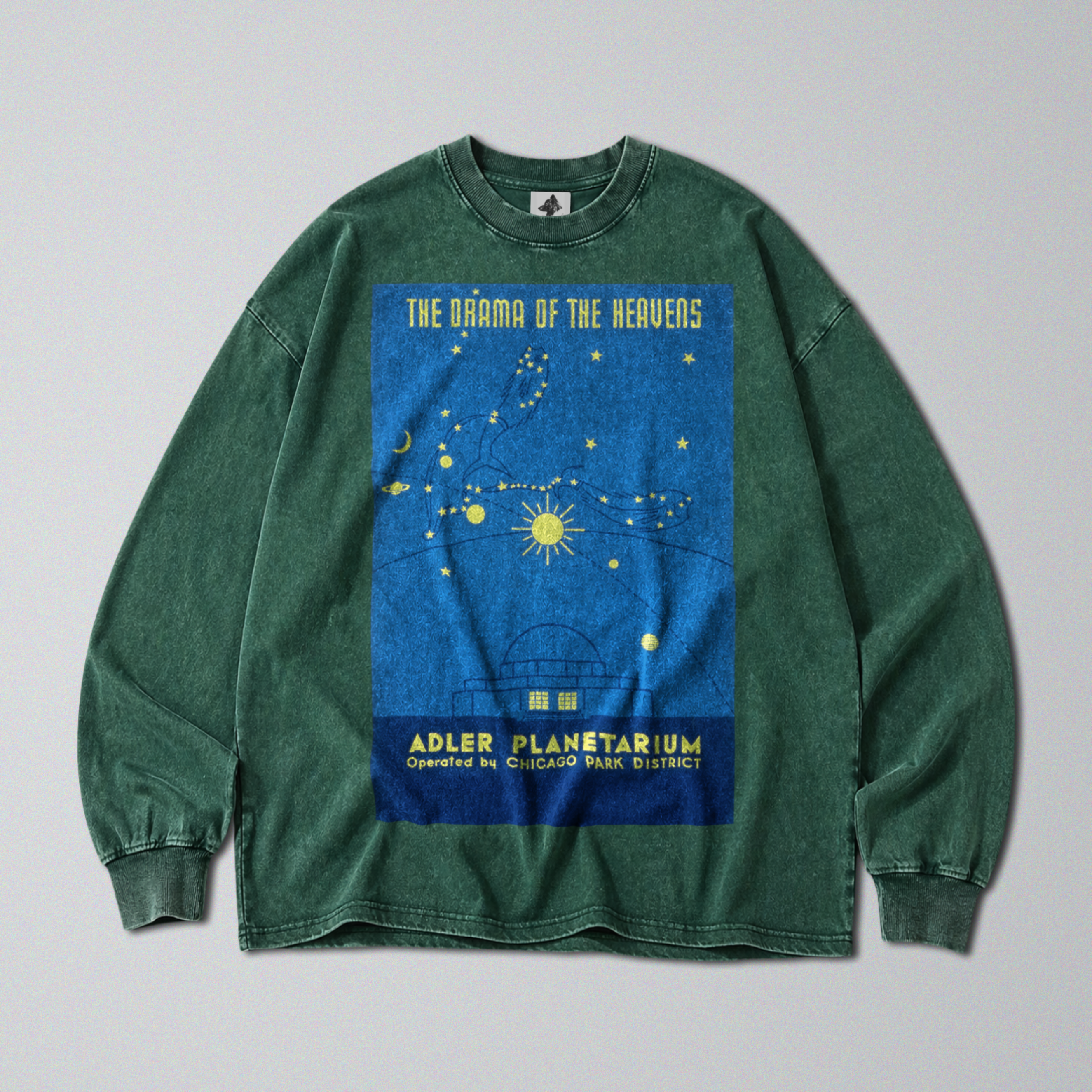 Oversized Snow Washed Long Sleeve Cotton Tee - Star Gazing Planetarium Print