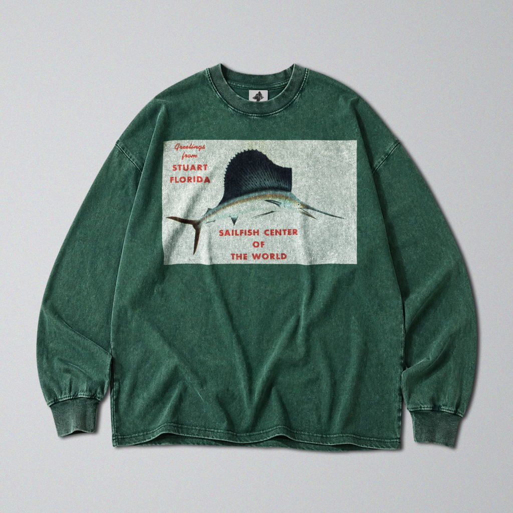 Oversized Snow Washed Long Sleeve Cotton Tee - Atlantic Sailfish Print