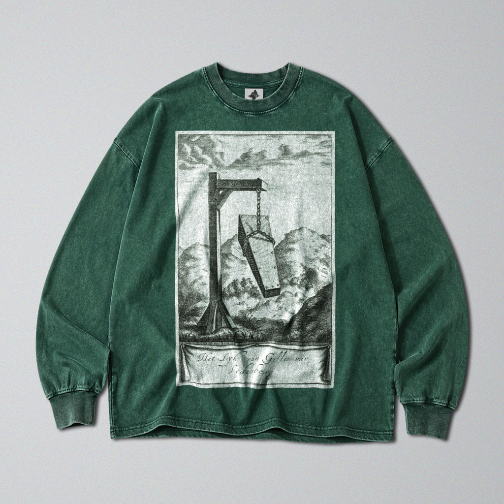 Oversized Snow Washed Long Sleeve Cotton Tee - Morbid Gallows & Coffin Print