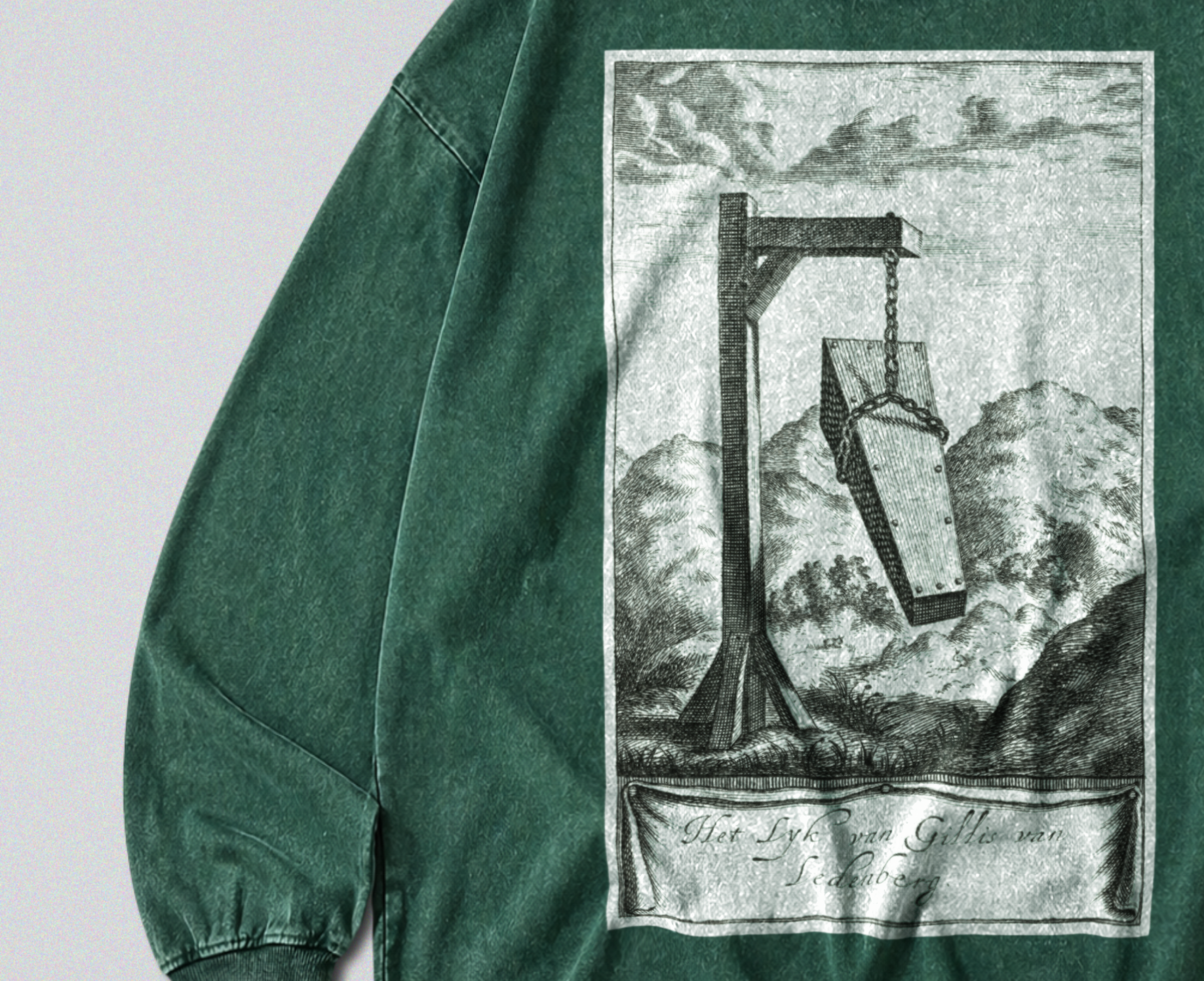 Oversized Snow Washed Long Sleeve Cotton Tee - Morbid Gallows & Coffin Print